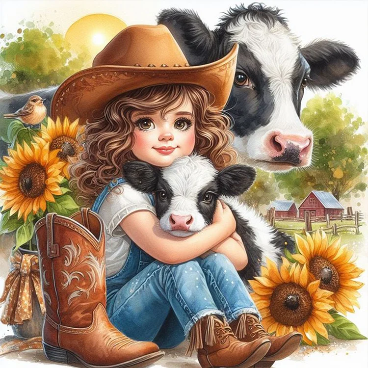Girl And Cow 30*30CM (Canvas) Full Round Drill Diamond Painting gbfke