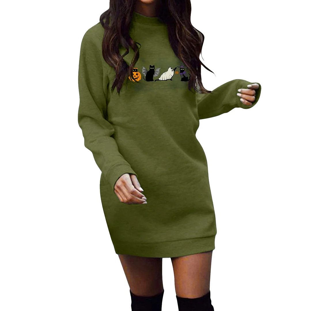 Women's Sundresses Casual Women's Halloween Sweatshirt Printed Long Sleeve O Neck Oversized Lightweight Midi All for You Dress