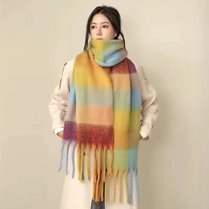 Rainbow Plaid Tassel Scarf For Women Autumn And Winter Famous Color Matching Cashmere Mohair Shawl Thickened Scarf