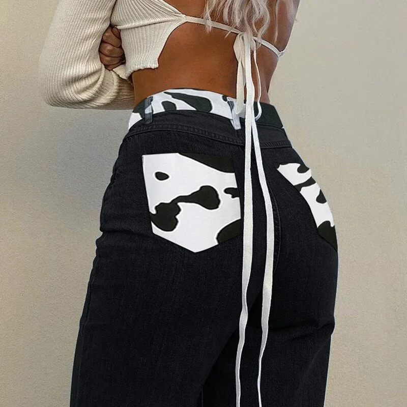 HEYounGIRL Patchwork Cow Print Jeans Women Casual High Waisted Pants Capris Harajuku 90s Black Long Trousers Ladies Street