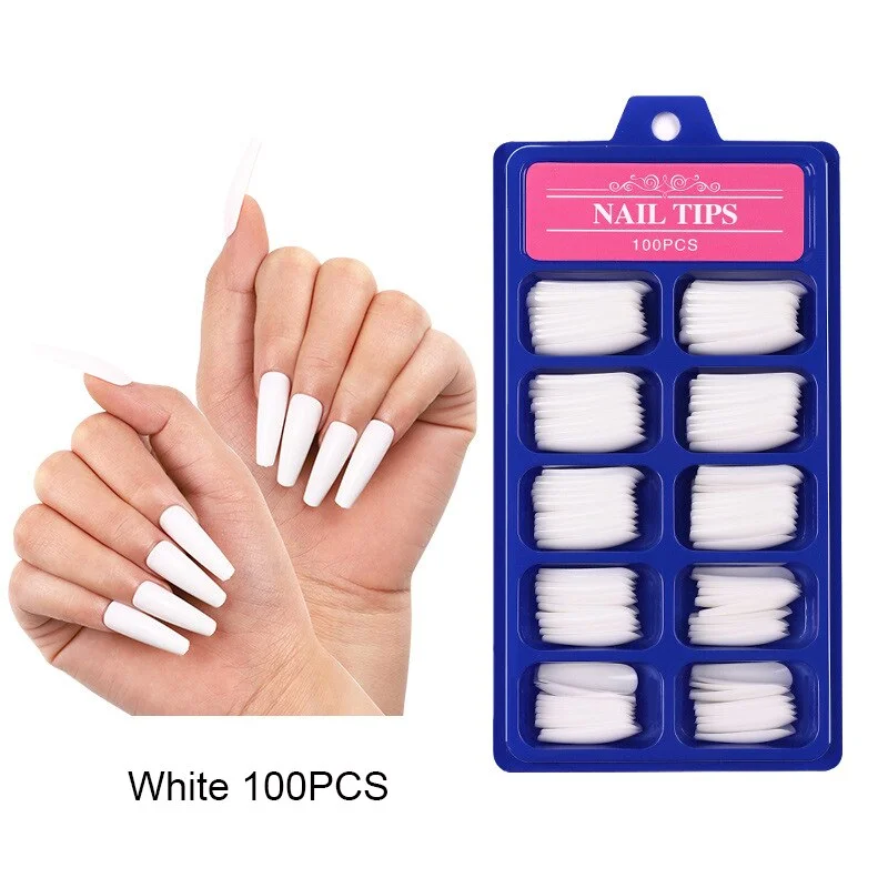 100Pcs Full Cover French Nail Tips with Box Long Coffin Pink and White Fake Nail Art Press on Tips Manicure Supplies 2021