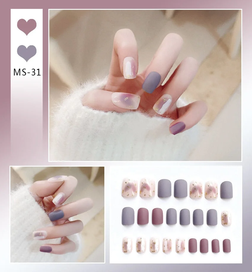 24pcs Matte False Nail Press On Nail With Glue Round Graffiti Fake Nail Manicure Nail Art Decoration  Nail Art Tools-Nail Inspo