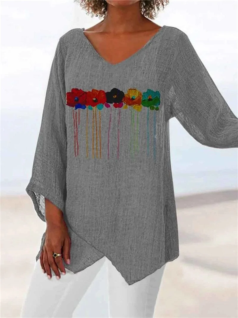 Women's V-neck Long Sleeve Graphic Floral Printed Top