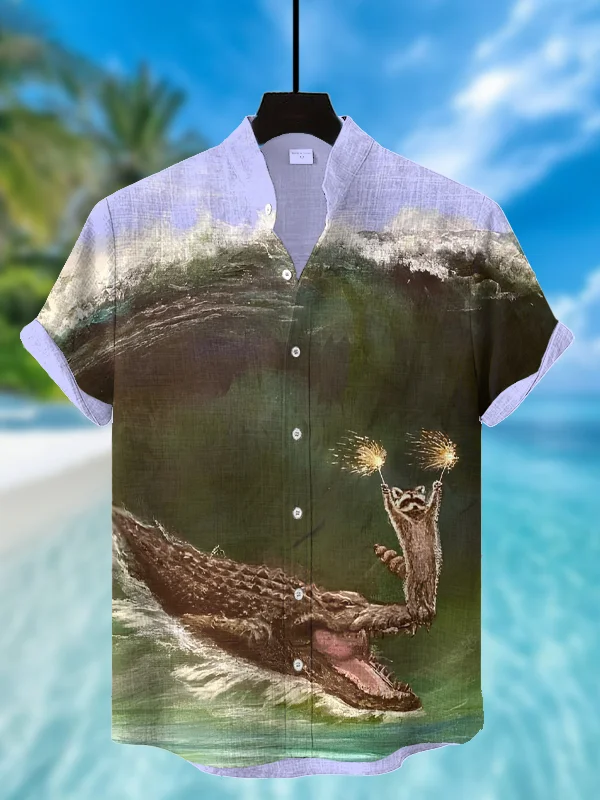 Men's Oil Painting Raccoon And Alligator Playing Firework Surfing Print Casual Shirt