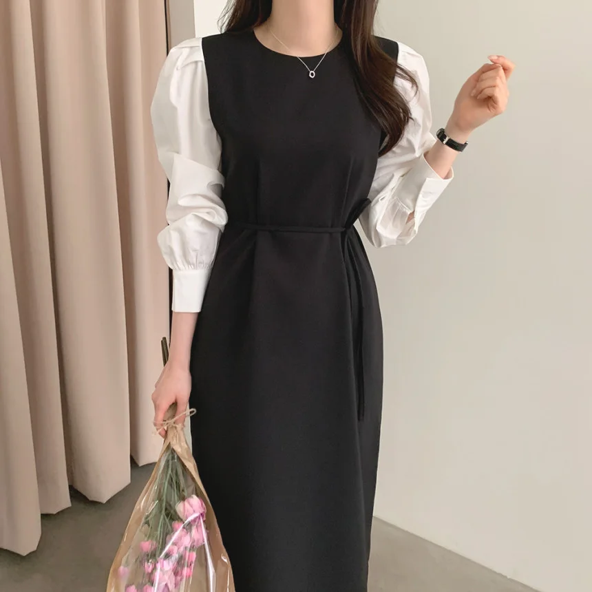 Toloer Toloer Korean Chic French Temperament Color Splicing Sleeve Women's Skirt Autumn Bubble Sleeve Waist With Round Collar Dress-Outfit Ideas
