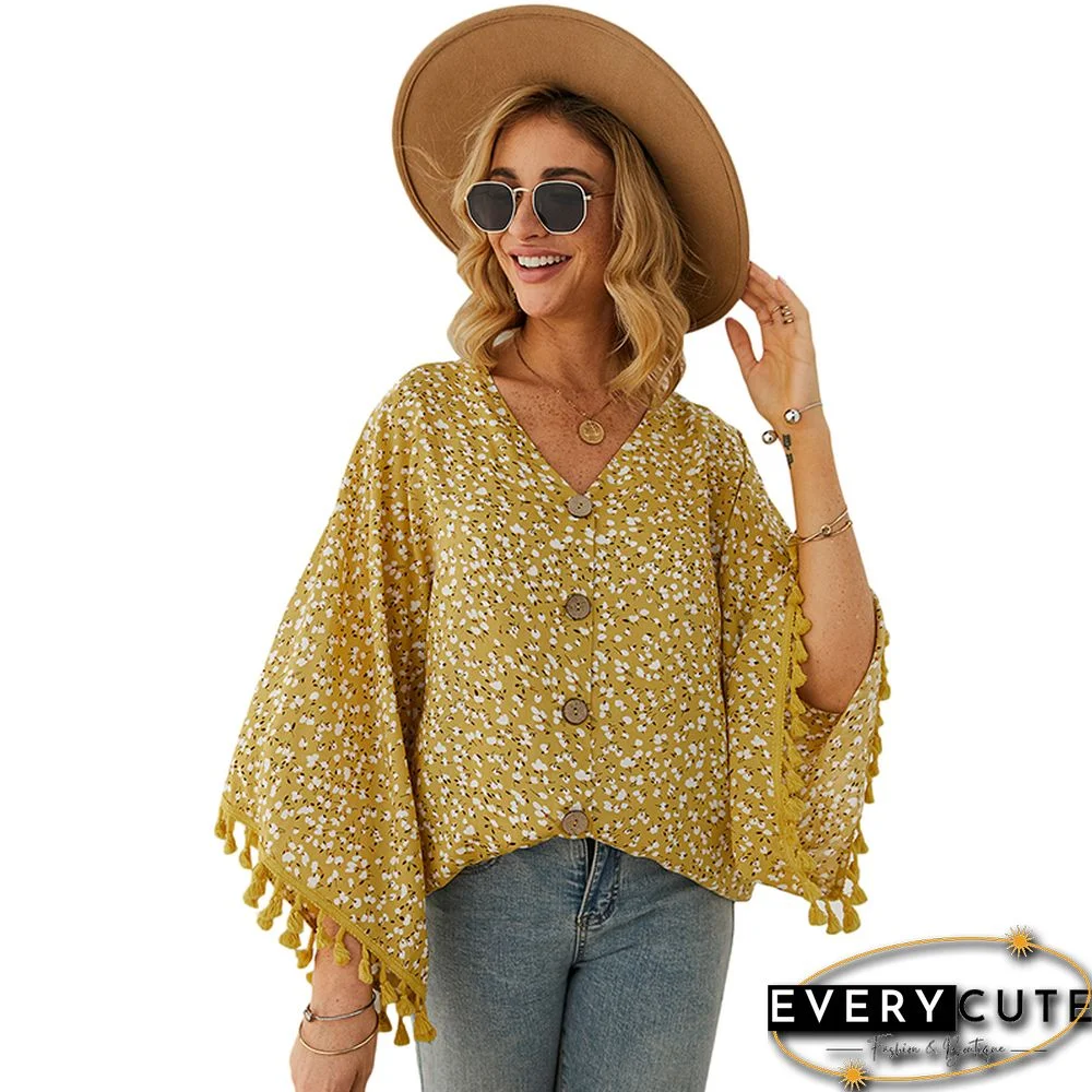 Yellow Polka Dot Tasseled Sleeve Blouse Top