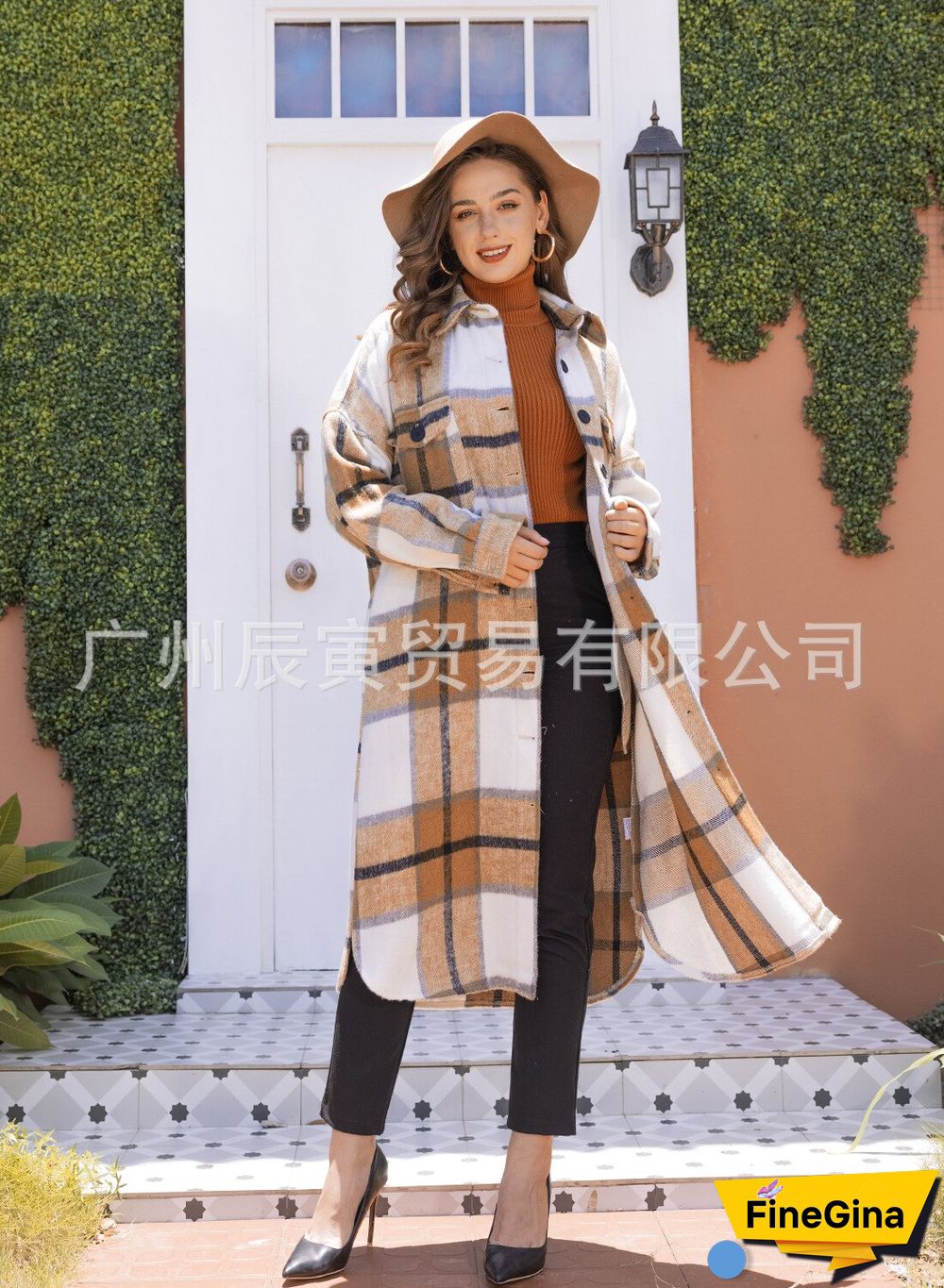 Autumn And Winter Classic Plaid Coat Ladies Lapel Double Side Pockets Long Loose All-match Coat Jackets