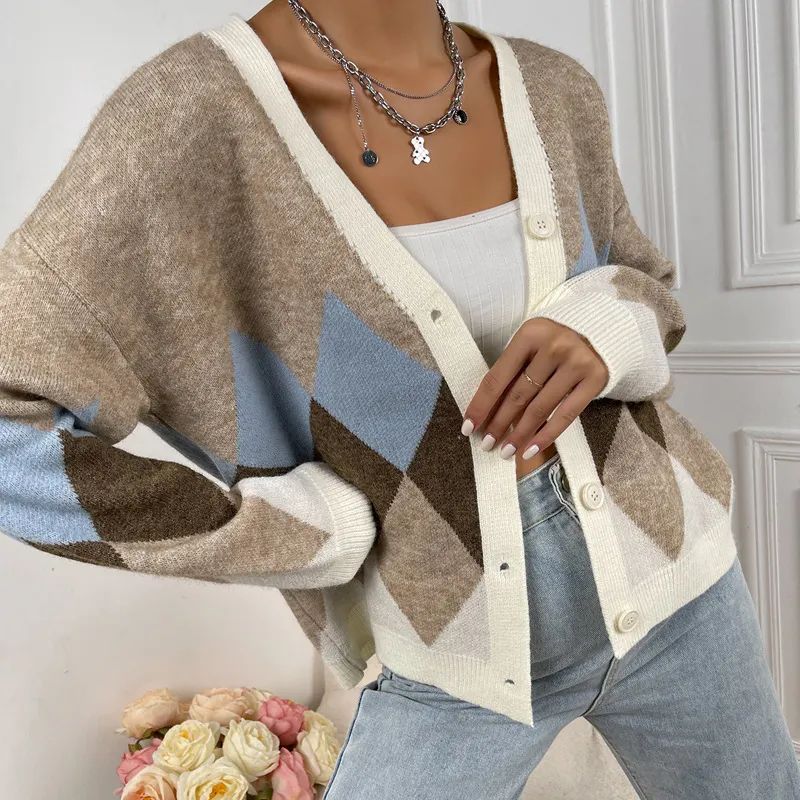 Color Block Argyle V Neck Button Knit Cardigan