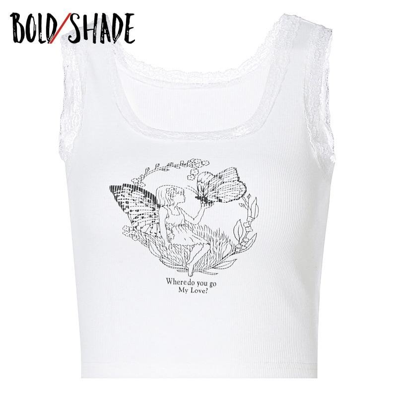 Bold Shade Soft Girl Graphic Lace Trim Tank Tops Indie Aesthetic White Ribbed Women Crop Top 2021 Sleeveless Vintage Streetwear