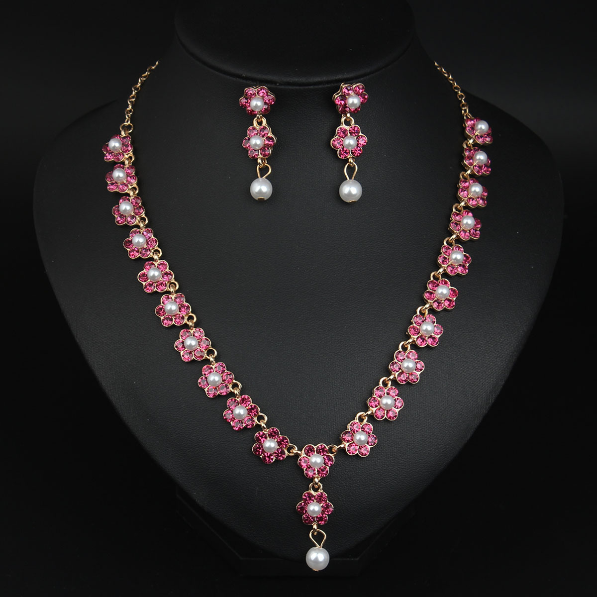 Elegant Rose Red Rhinestone Pearl Floral Necklace Earrings Two Piece Jewelry Set 2024 - Flycurvy 