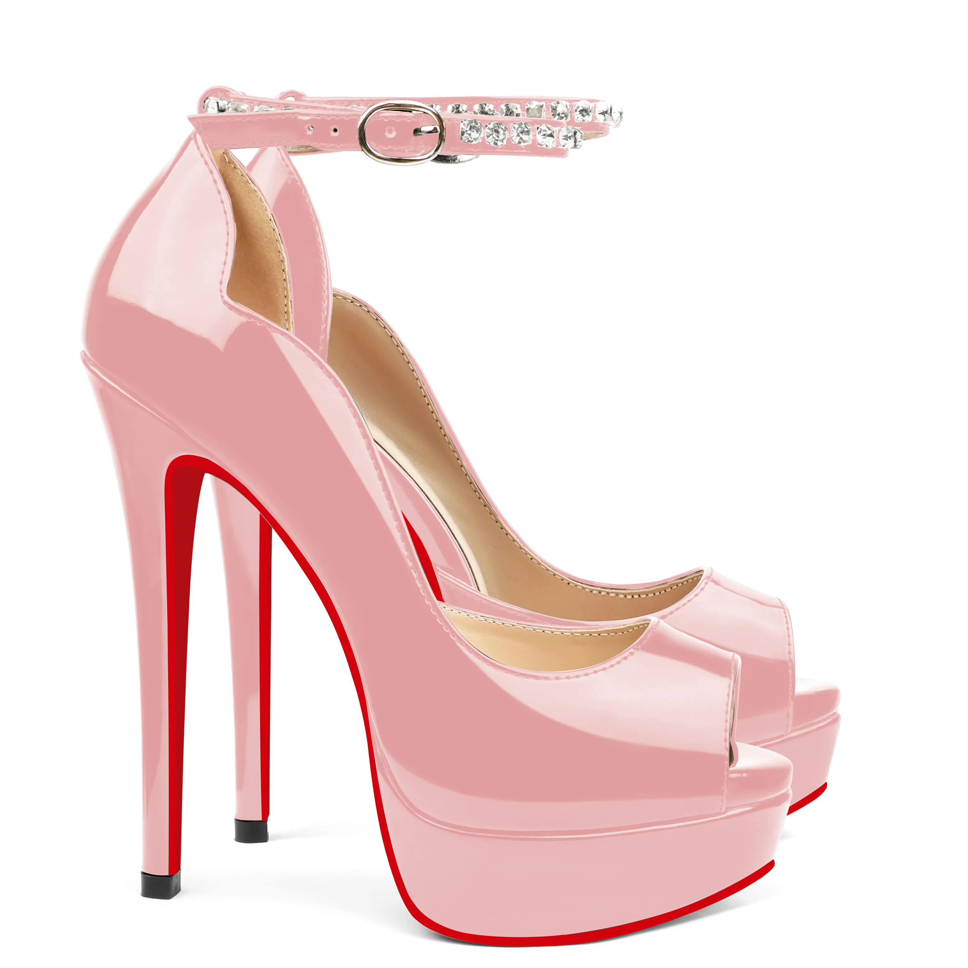 150mm Red Bottom Stiletto Party High Heel Open Toe Platform Diamond Strap Pumps-vocosishoes