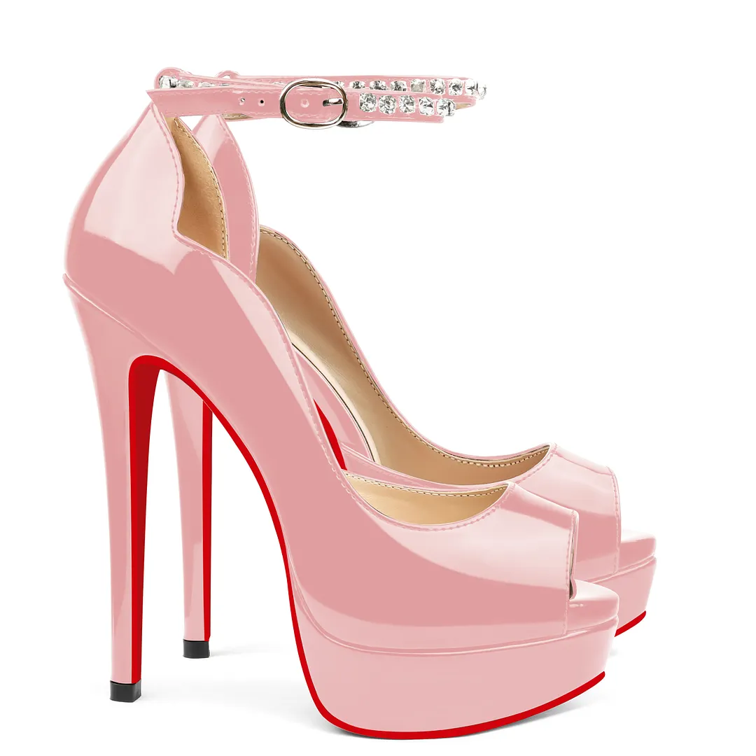 150mm Red Bottom Stiletto Party High Heel Open Toe Platform Diamond Strap Pumps-vocosishoes