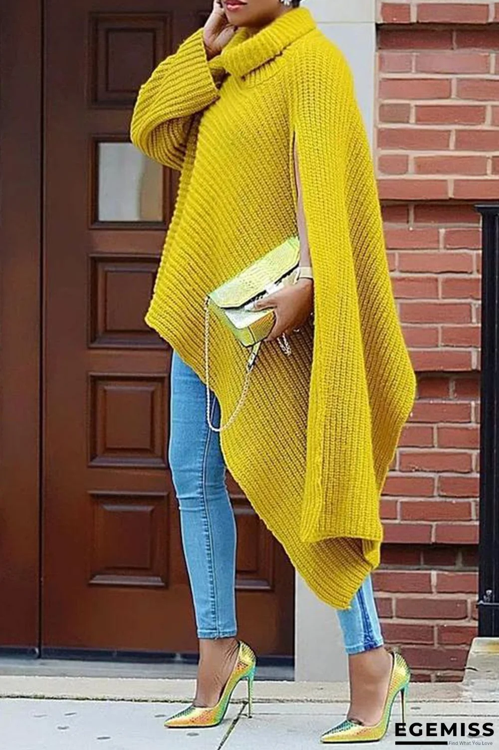 Yellow Fashion Casual Solid Slit Turtleneck Tops | EGEMISS