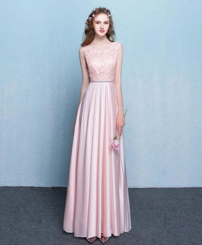 Pink Round Neck Lace Long Prom Dress. Pink Evening Dress