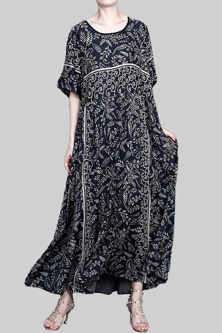Linen Black Half Sleeve Round Neck Plant Print Maxi Dress 