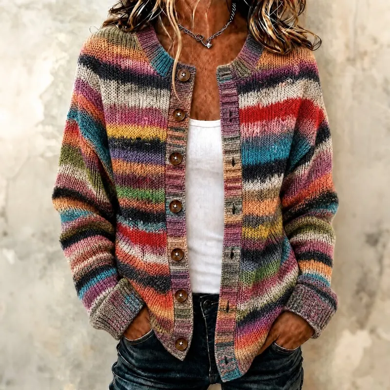 Comstylish Women's Bohemian Retro Striped Gradient Art Print Knit Button Cardigan