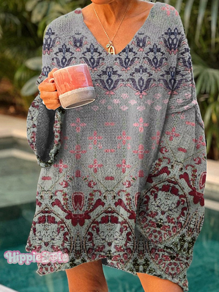 Women’s Retro Folk Floral Gradient Print Casual Pullover Sweater Multicolor / M