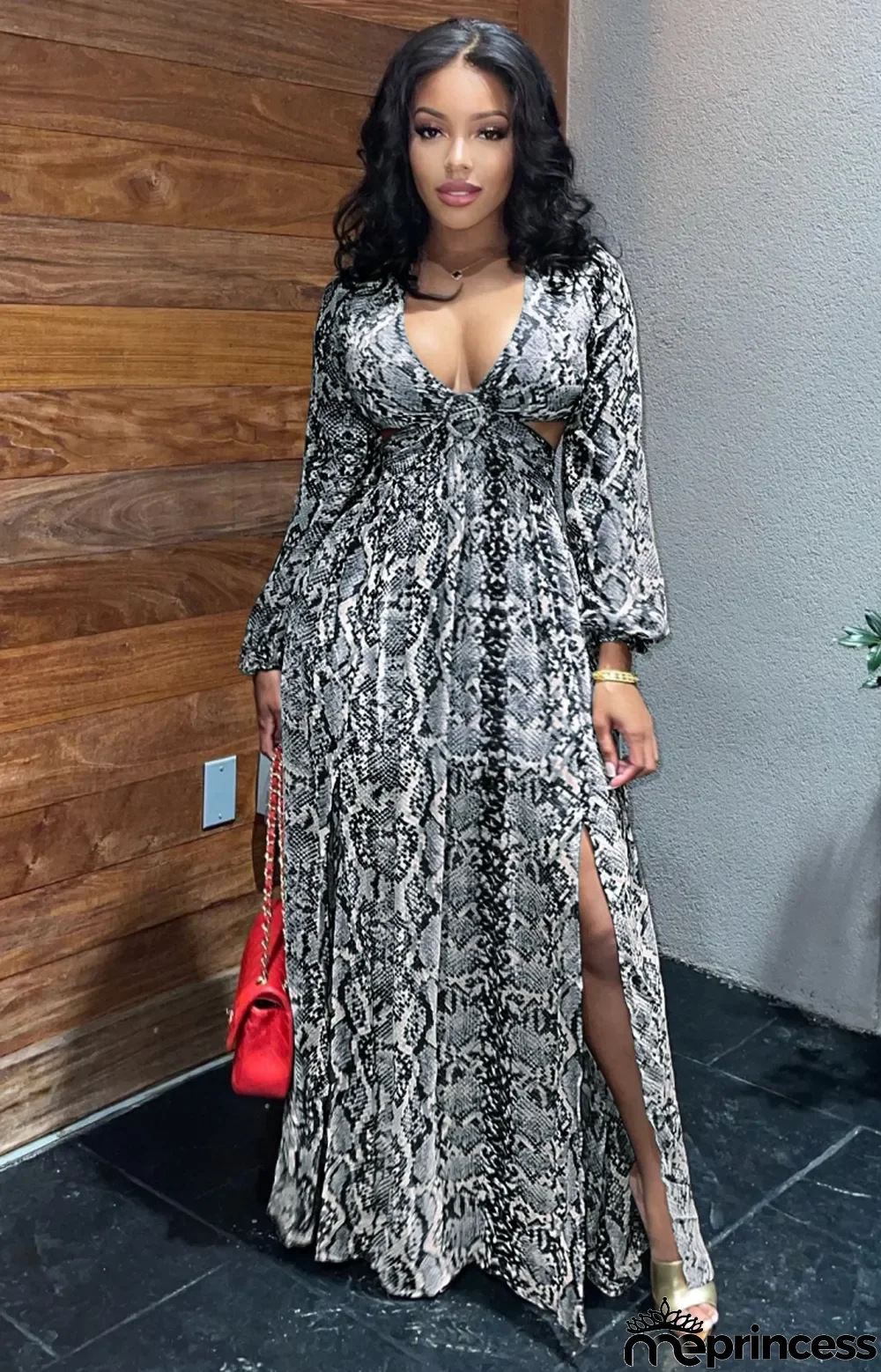 Autumn Formal Snake Skin V-Neck Long Sleeve Maxi Dress