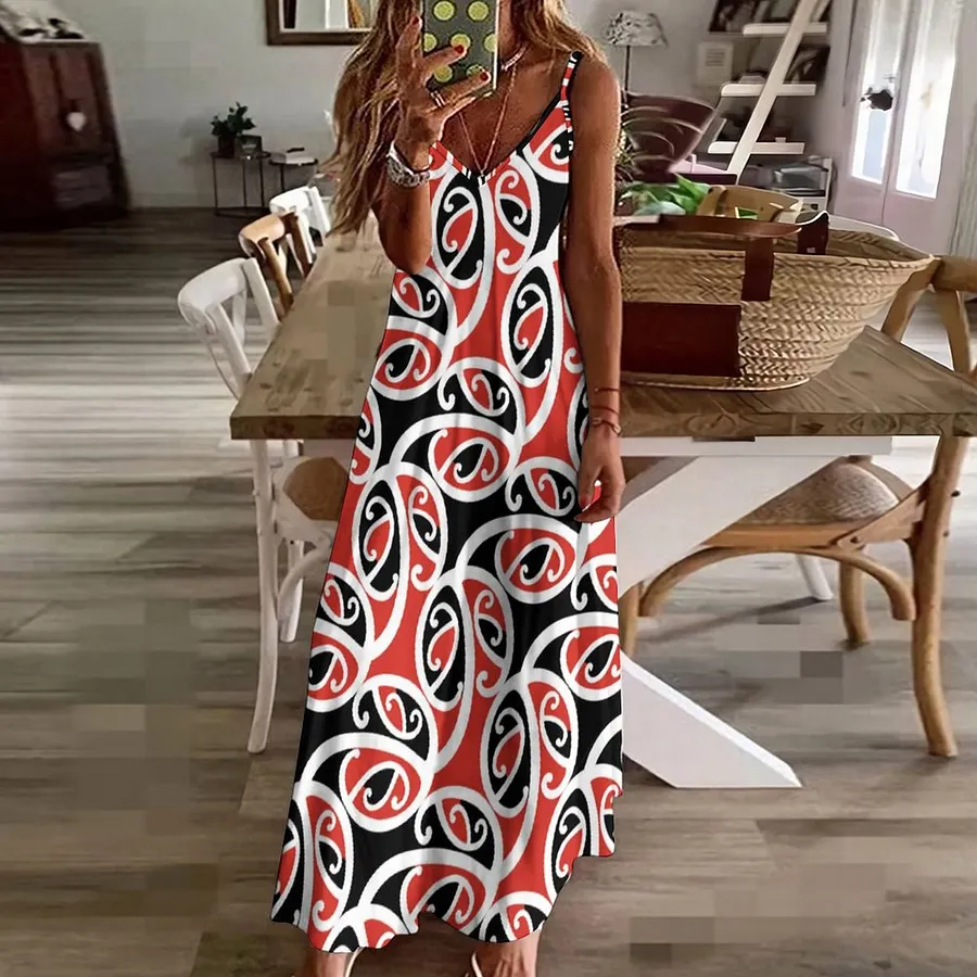Kowhaiwhai Mangopare Maori Tribal Women's Casual Strappy V Neck Sleeveless  Flowy Loose Long Maxi Beach Dress Sundress