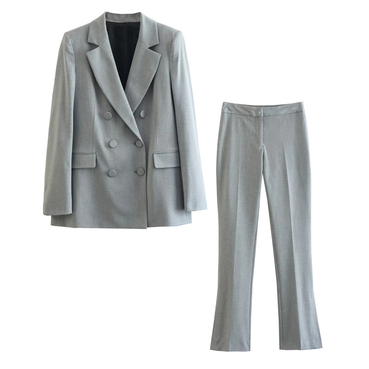 Flaxmaker Fashion Double  Breasted Solid Color Blazer Two Piece Set