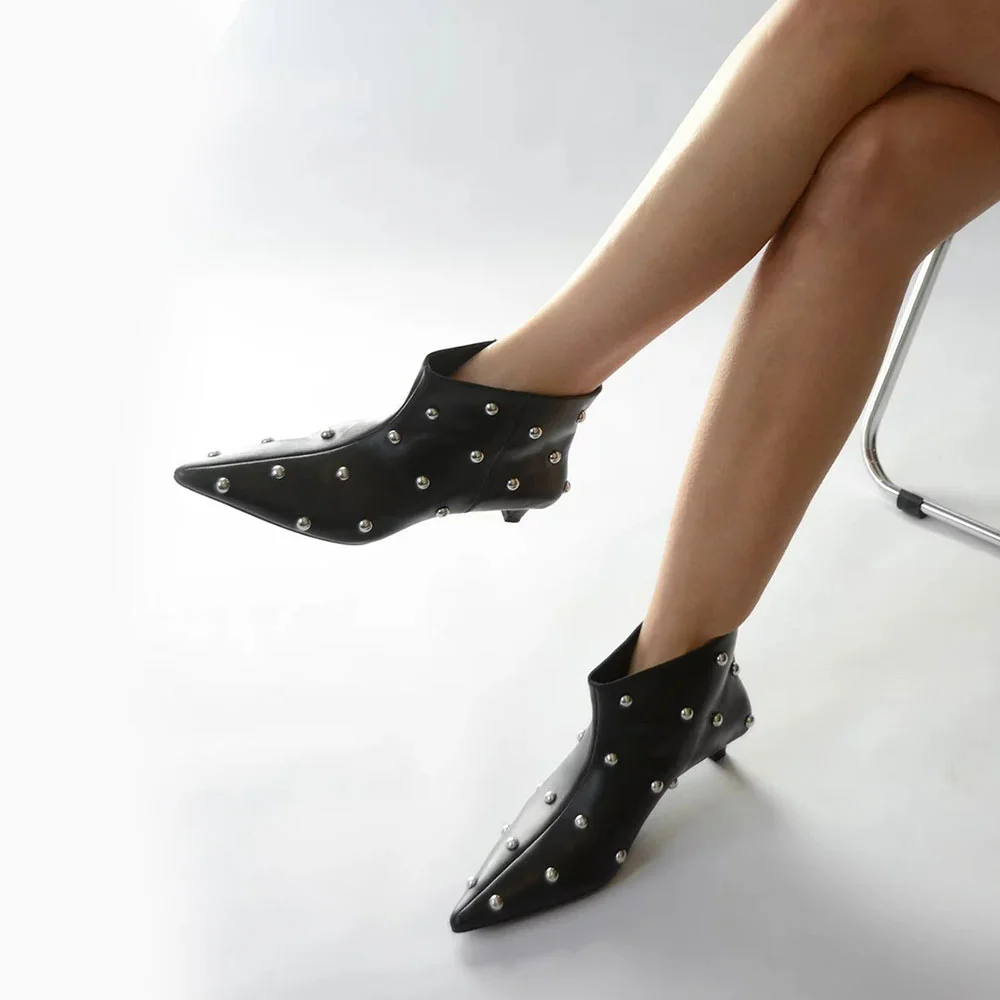 Women's Short Black Pointed Toe Studded Slip On Kitten Heel Boots