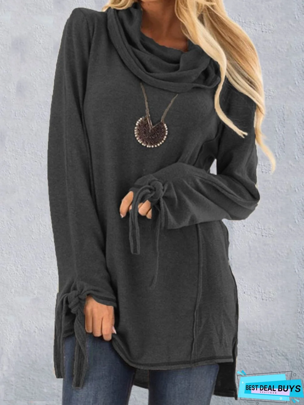 Woman Grey Casual Cotton Cowl Neck Plus Size Sweater