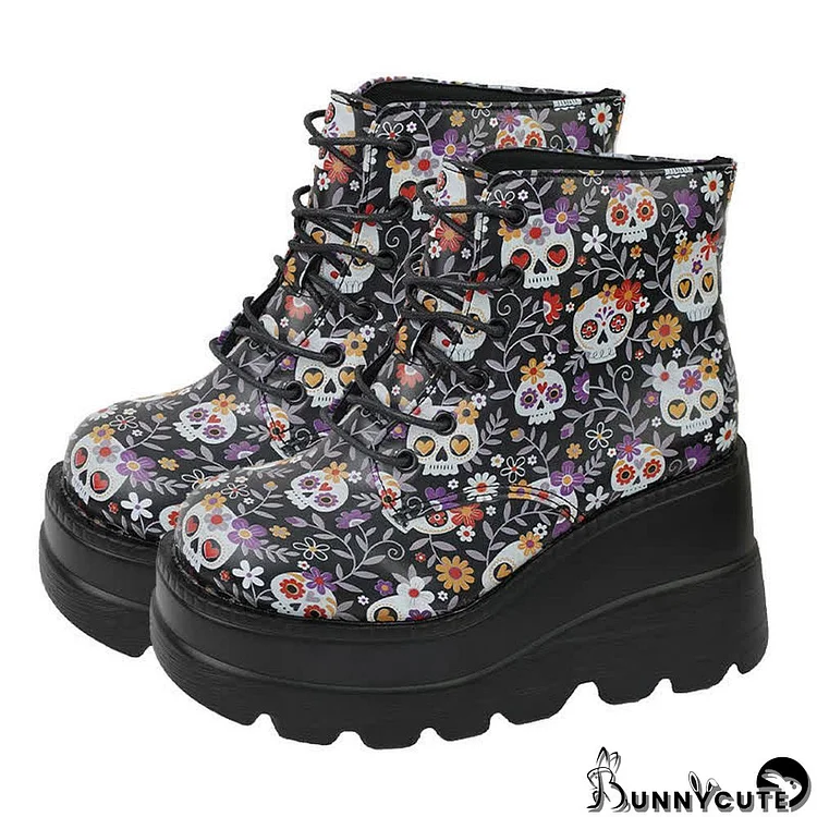Punk Goth Skull Floral Star Print Lace Up High Wedges Boots