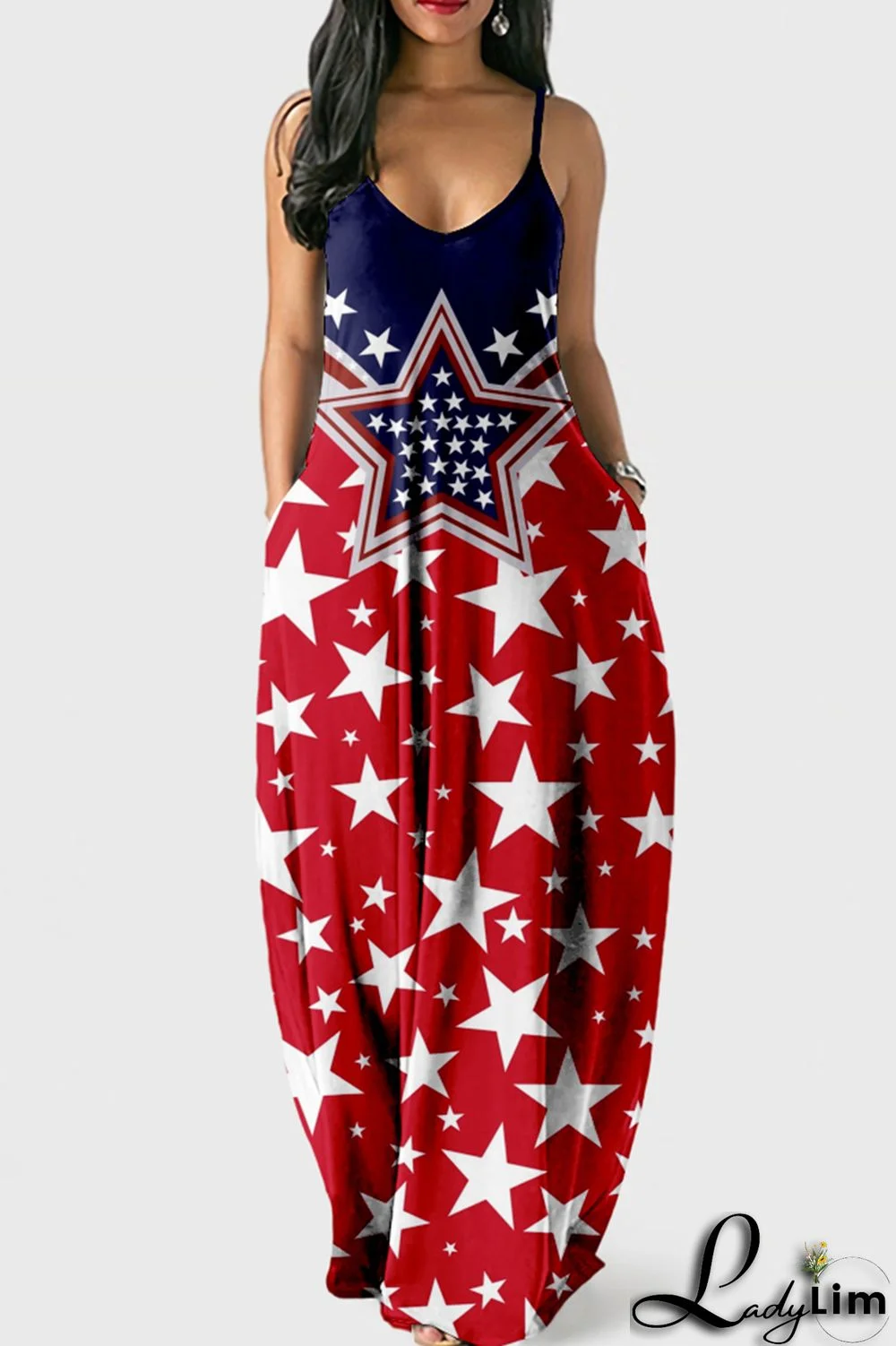 White Blue Fashion Sexy Print Backless Spaghetti Strap Long Dress