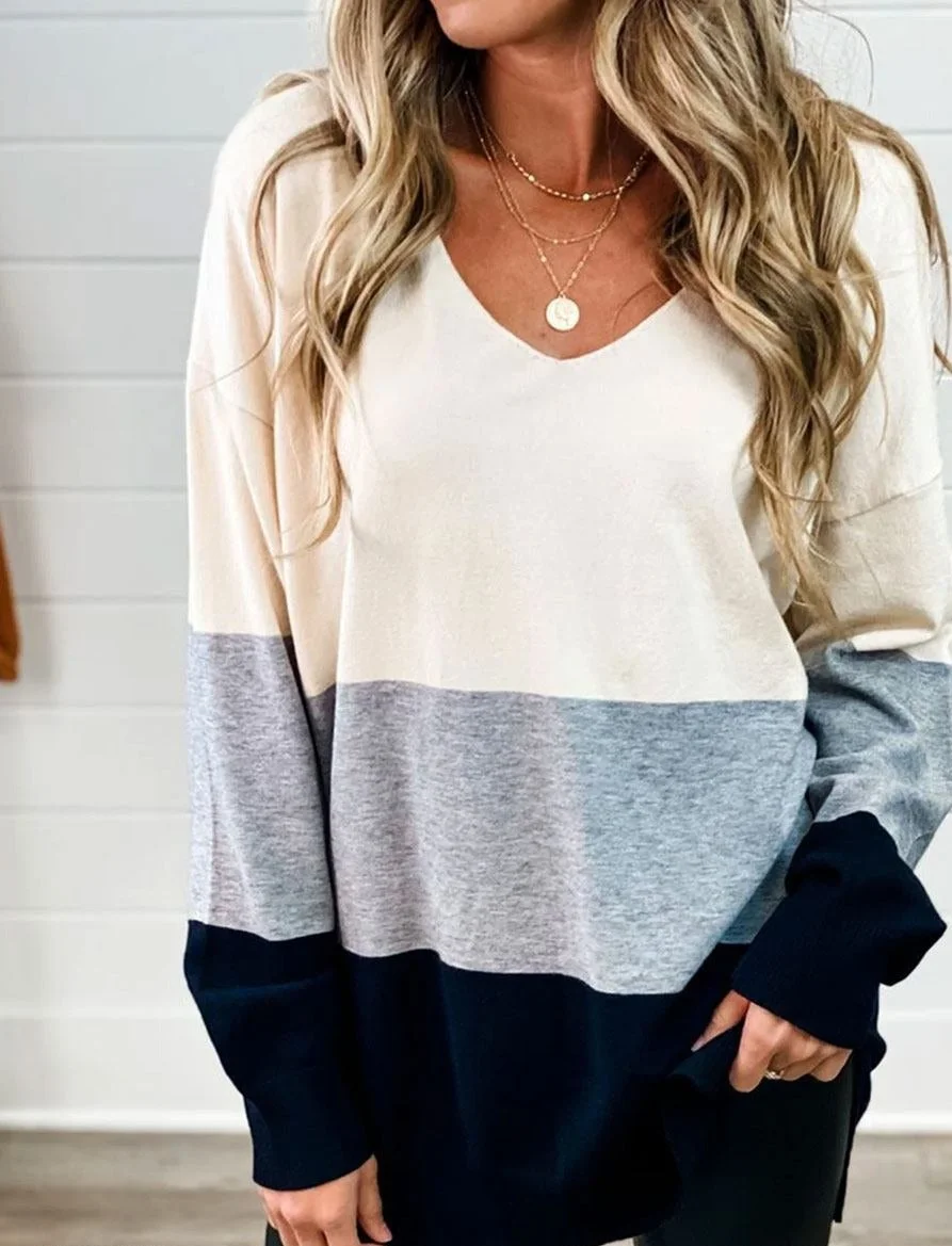 V-Neck Casual Loose Contrast Sweater Pullover