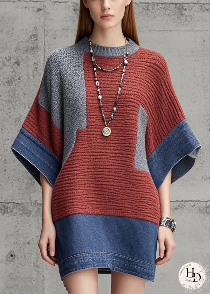 Silm Fit Colorblock Patchwork Denim Sweater Dress Batwing Sleeve