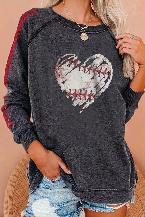 Street Casual Heart Shape Baseball Pattern Print Raglan Sleeves T-shirt