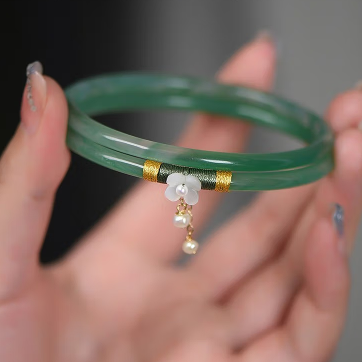 High Standard Hetian Jade Clanging Bracelet Bangle with Fairy Flower Pearl Double Circle Green Jade Bracelet for Women, featuring a niche design with an antique style. Includes two green pairs perfect birthday or Valentine's Day gift for her.