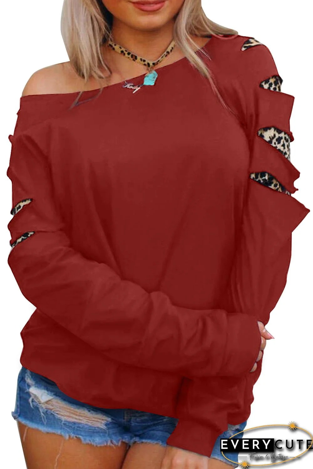 Red Off Shoulder Cut-out Leopard Splice Sweatshirt