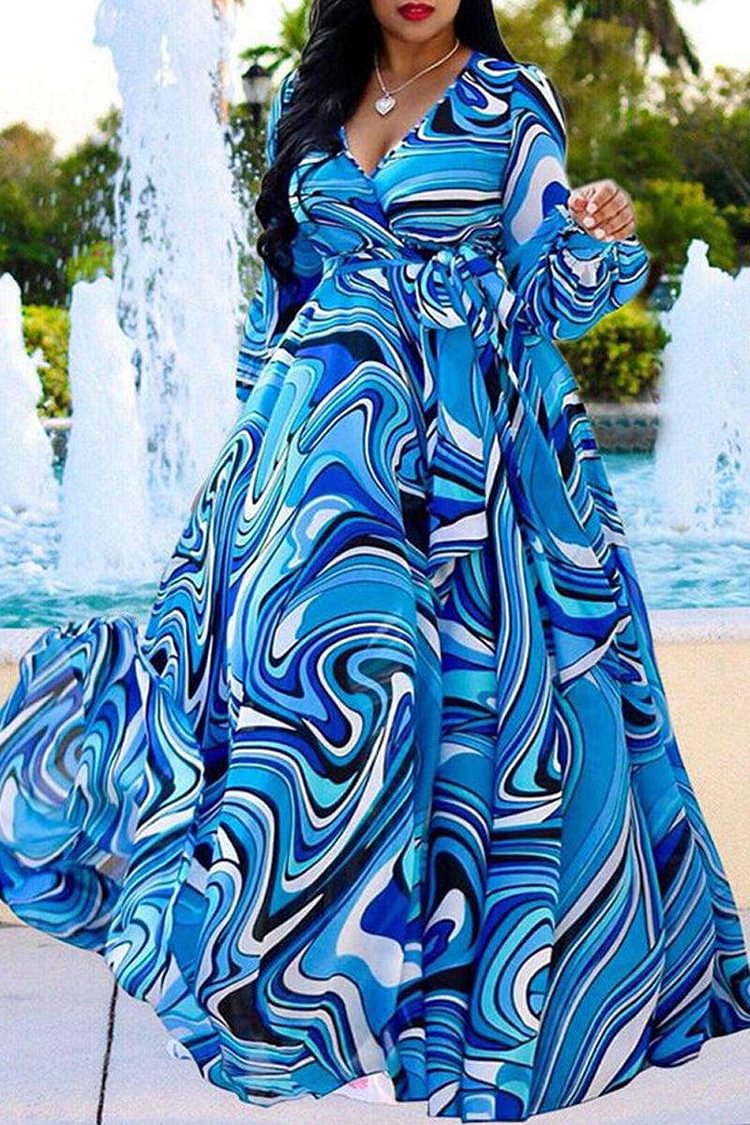 Xpluswear Plus Size Casual Long Sleeve Abstract Printed Floor Length Maxi Dresses