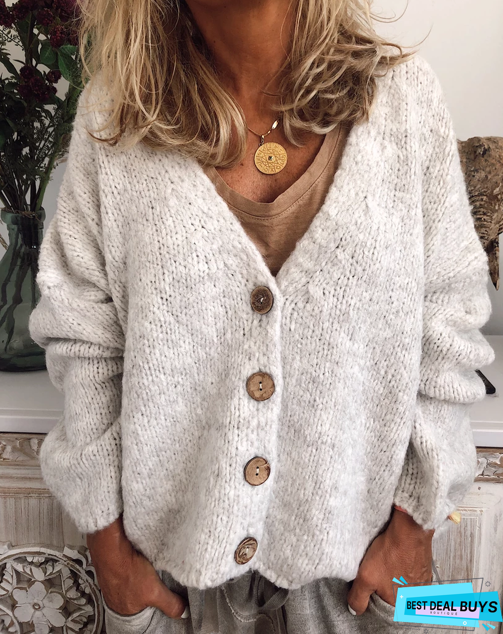 Casual Cotton-Blend V Neck Cardigan-Outerwear