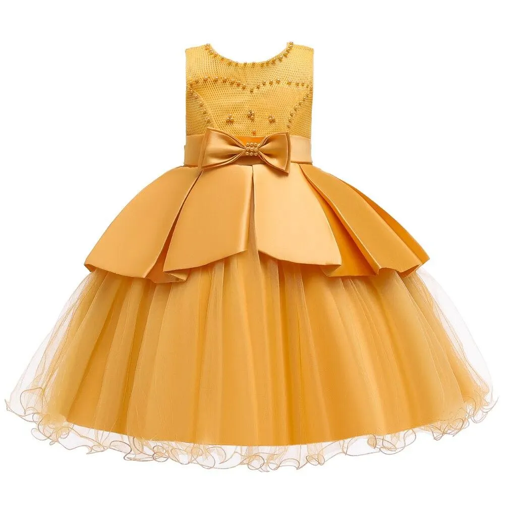Child Sleeveless Round Neck Girls Tutu Dress For Kids White Lovely Bridesmaid Dress For Girls 2-10 Years Old Knee-Length
