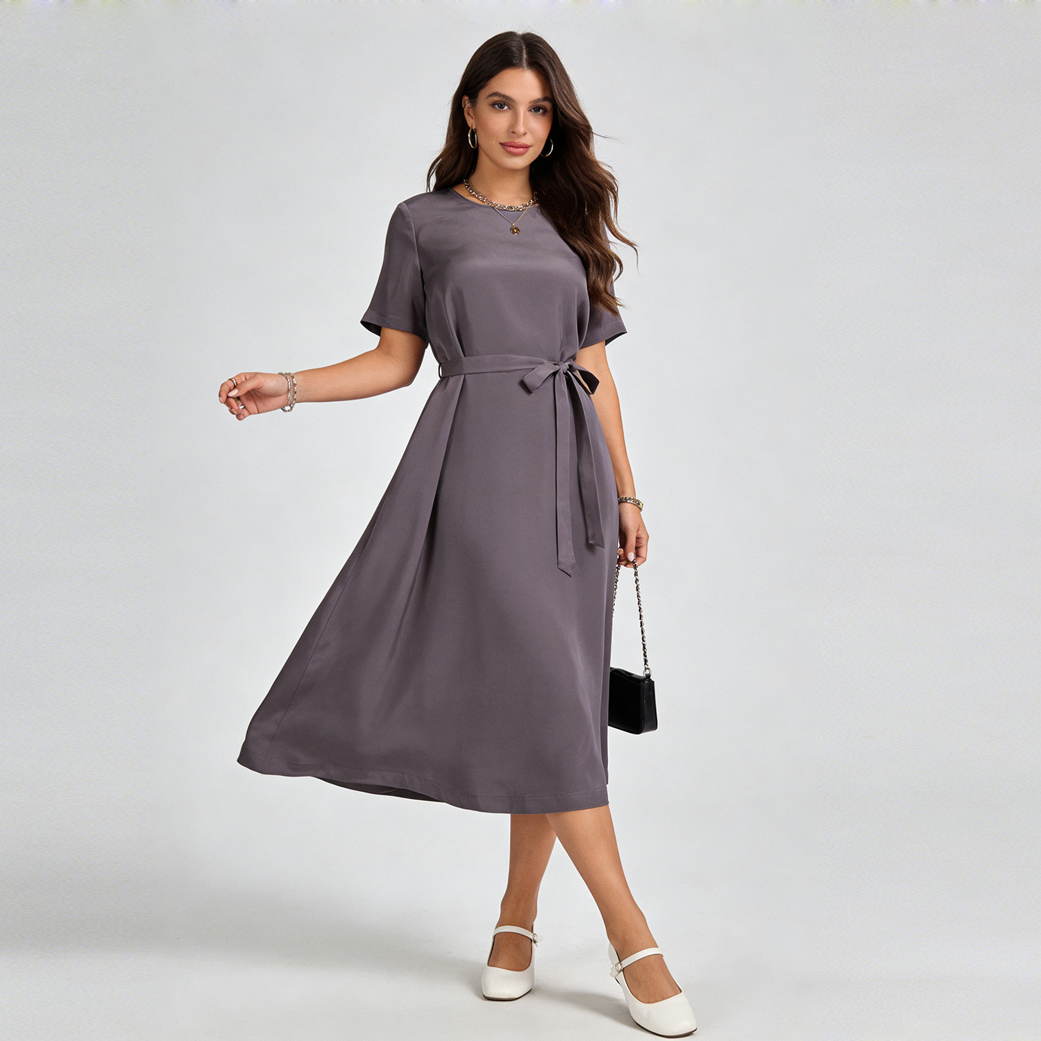 Silk Dress Round Neck Midi Style REAL SILK LIFE