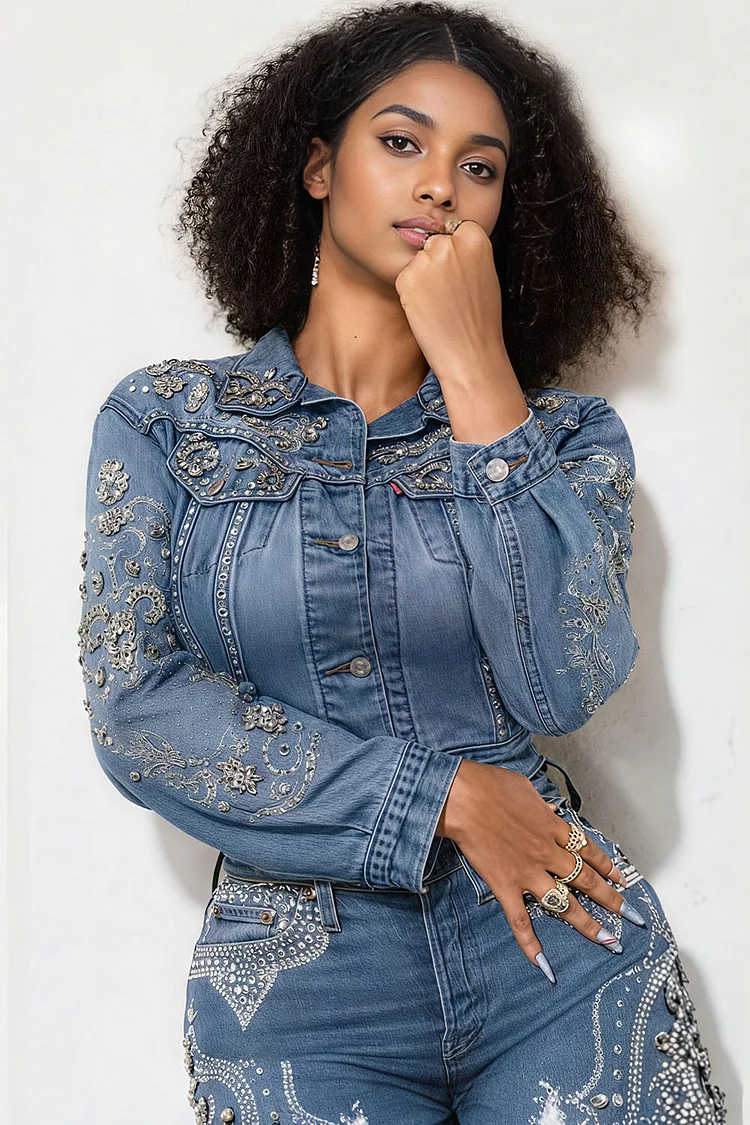 Plus Size Business Casual Blue Shirt Collar Long Sleeve Drilling Denim Jacket
