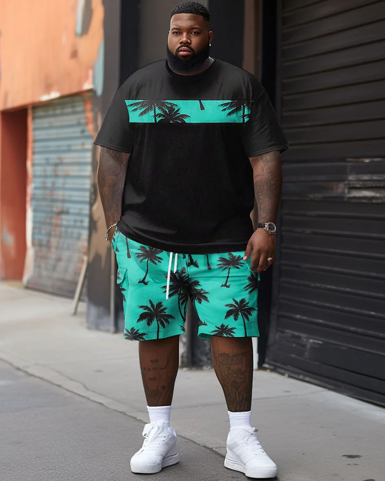 Men's Large Size Casual Hawaiian Coconut Simple Gradient Short Sleeve Shorts Suit