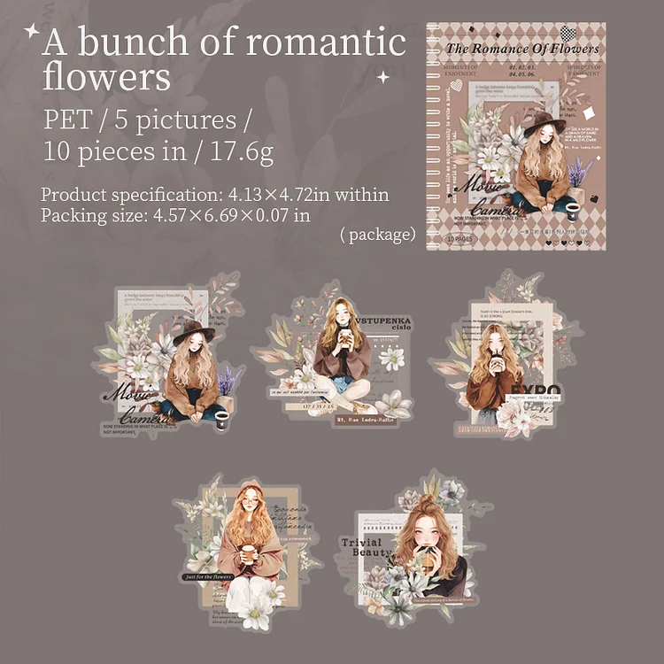 Journalsay 10 Sheets The Romance of A Bouquet Series Vintage Character Flower Landscape PET Sticker