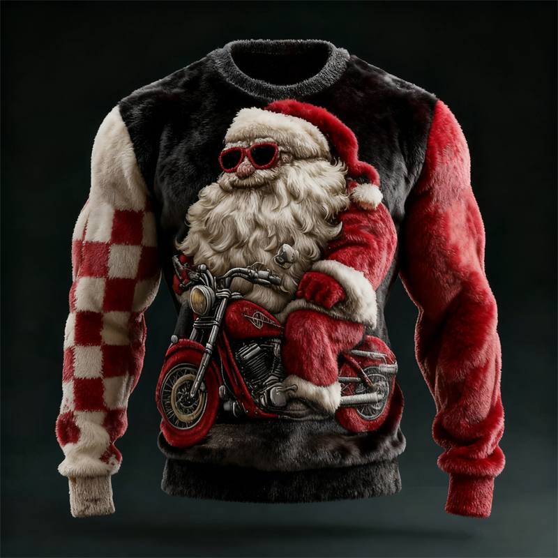 Men's Christmas Motorcycle Santa Claus Contrast Cozy Plush Sweatshirt elevenforest