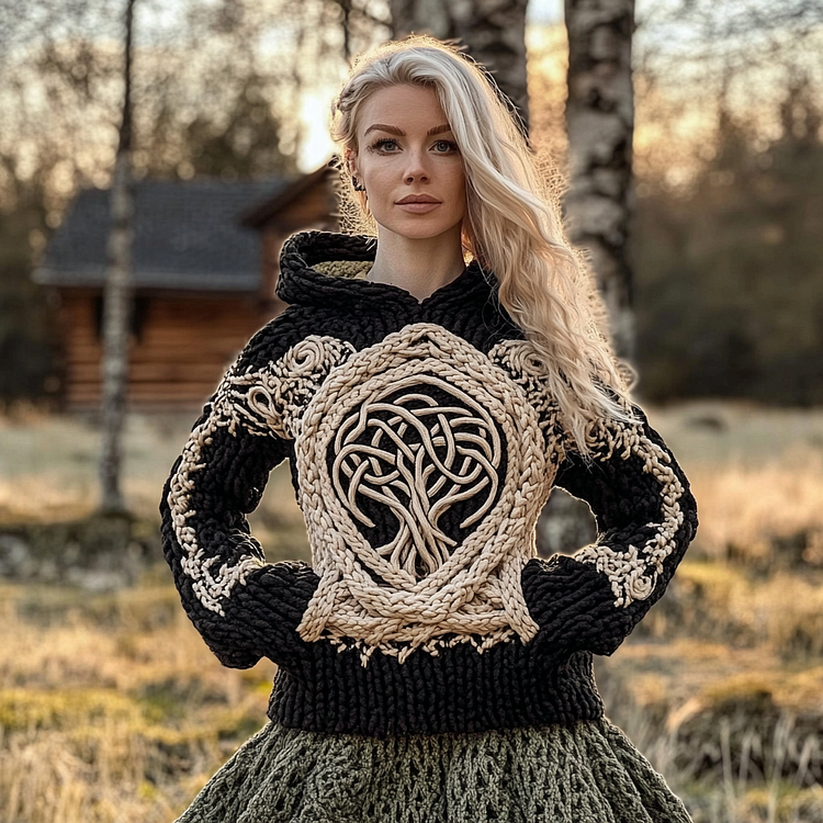 Women's Viking Tribal Tree Of Life Celtic Chunky Knit Hooded Sweater