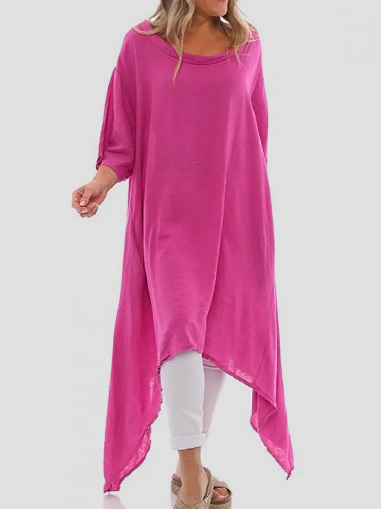 Round Neck Short Sleeve Cotton-Linen Fashion Casual Dress