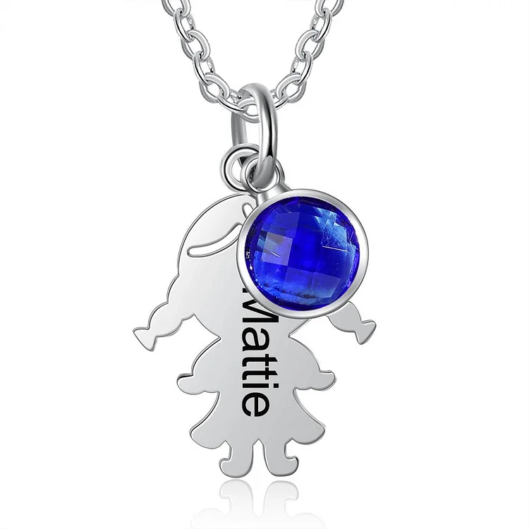 Birthstone Mother Necklace with Kid Charm and Engraved Name