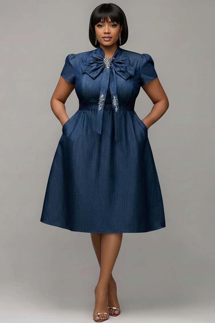 Xpluswear Design Plus Size Business Casual Blue Short Sleeve Pocket Bow Tie Tencel Denim Midi Dresses [Pre-Order] 2024 - Xpluswear