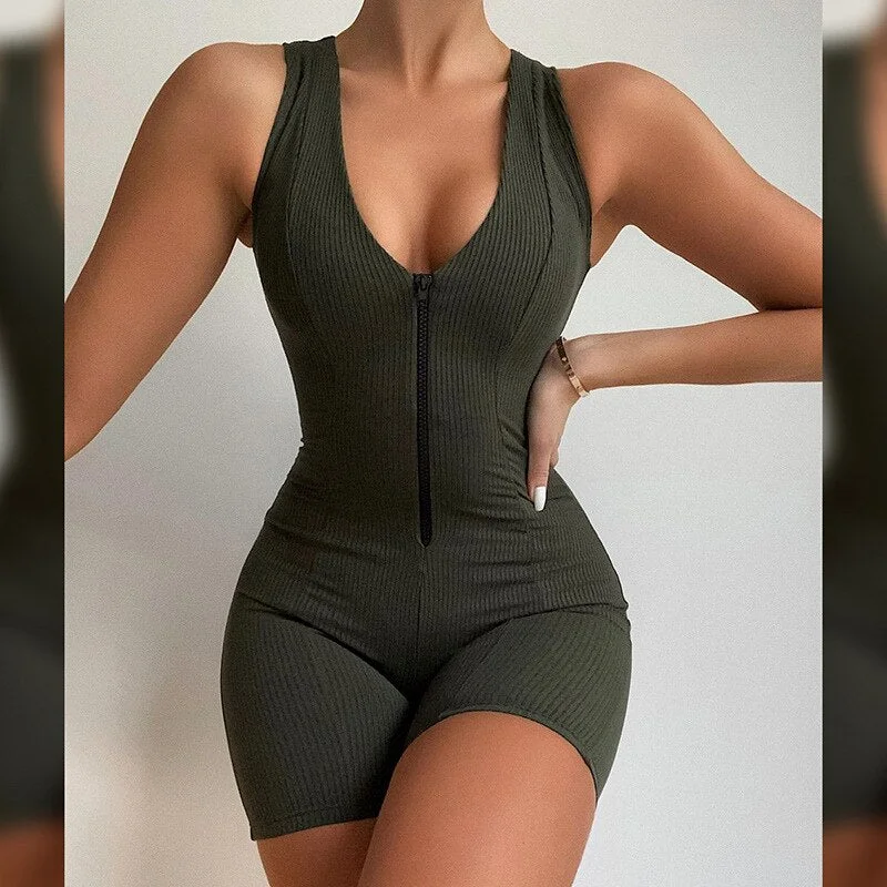 Women Ribbed Sexy Romper Jumpsuit Sleeveless V Neck Zipper Mini Playsuits Female Sexy Skinny Stretch Fitness Club Wear Summer