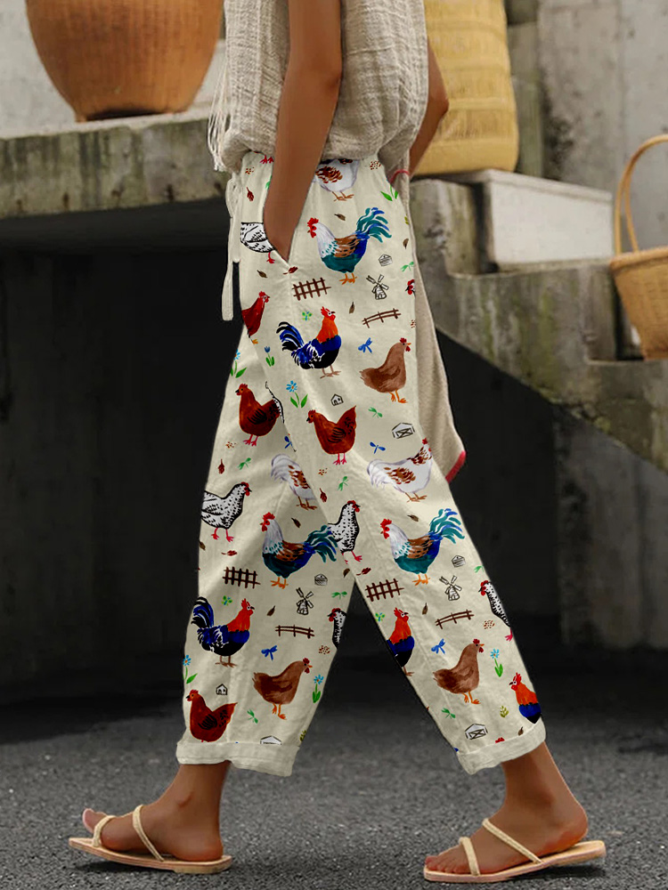 Comstylish Farm Chickens Pattern Linen Blend Casual Pants