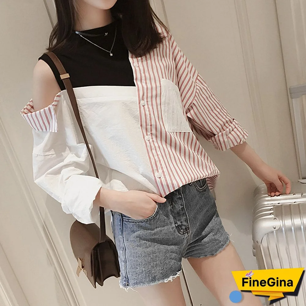 Splice Striped Strapless T-Shirt Short Pants Two piece Set