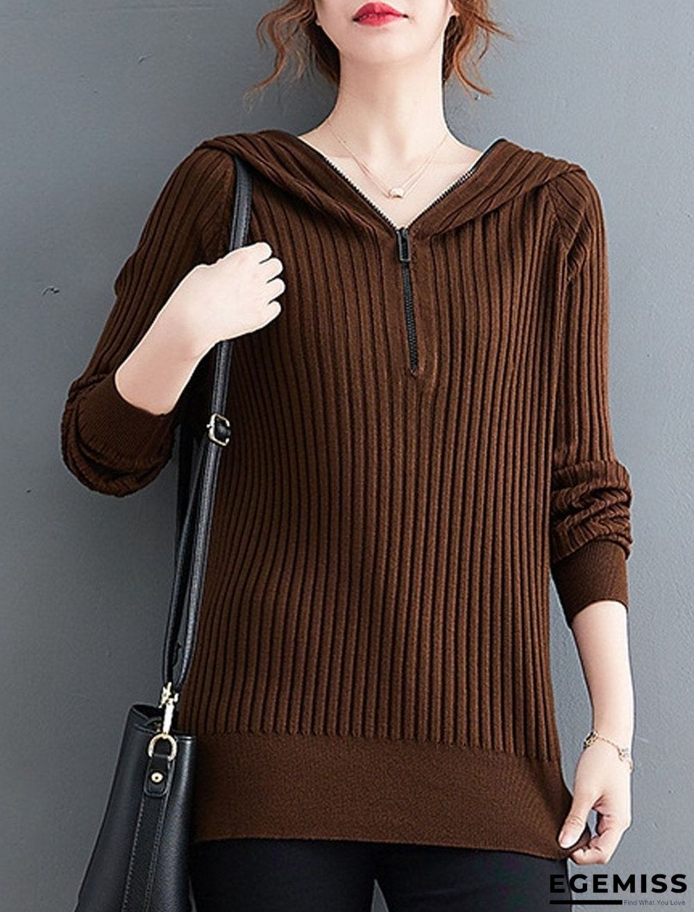Casual Hooded Solid Color Zipper Knitted Sweater | EGEMISS