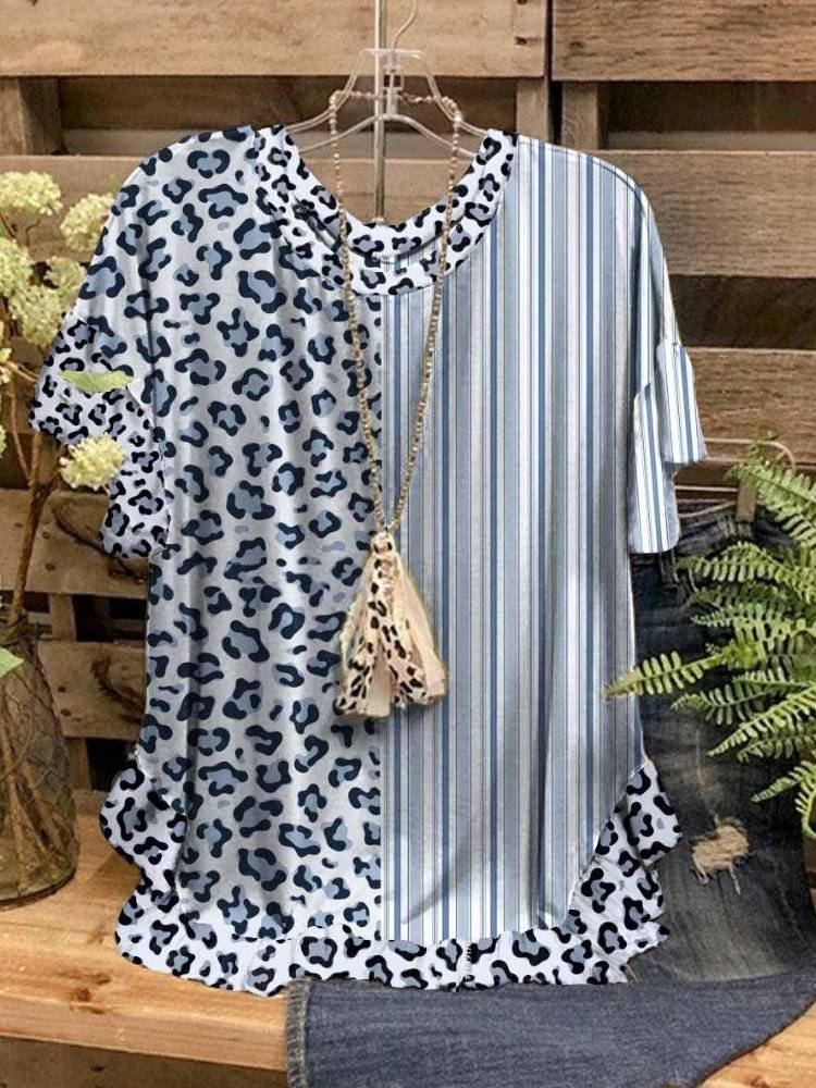 Women's Leopard Printed Short Sleeve Big Round Neck Loose Top